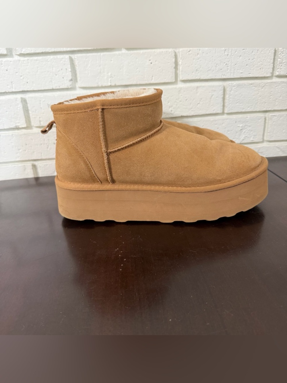 Platform Mini Boots Chestnut Suede Faux Fur Lined Size 10 (UGG Style)
